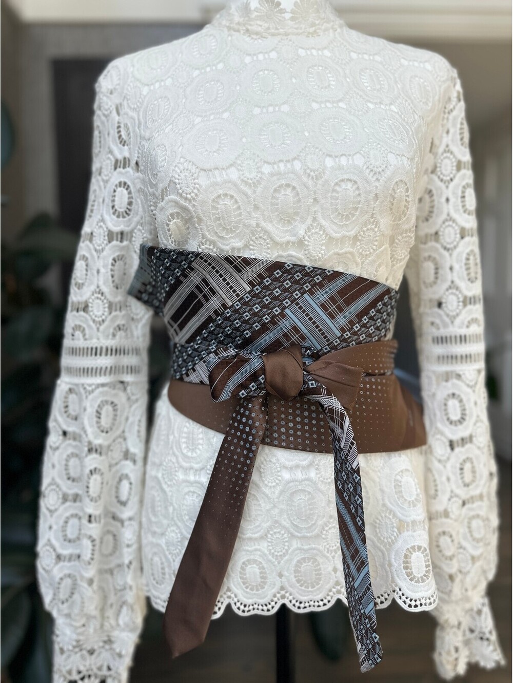 Brown & Light Blue Upcycled Vintage Corset Style Obi Waist Belt | OOAK | OS